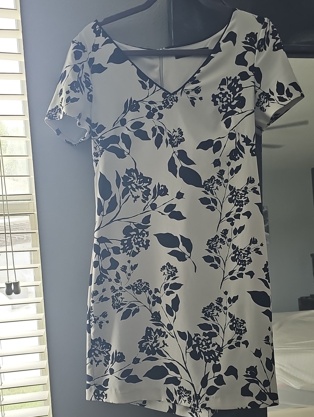White House Black Market White Dress with Black Floral Print Midi
